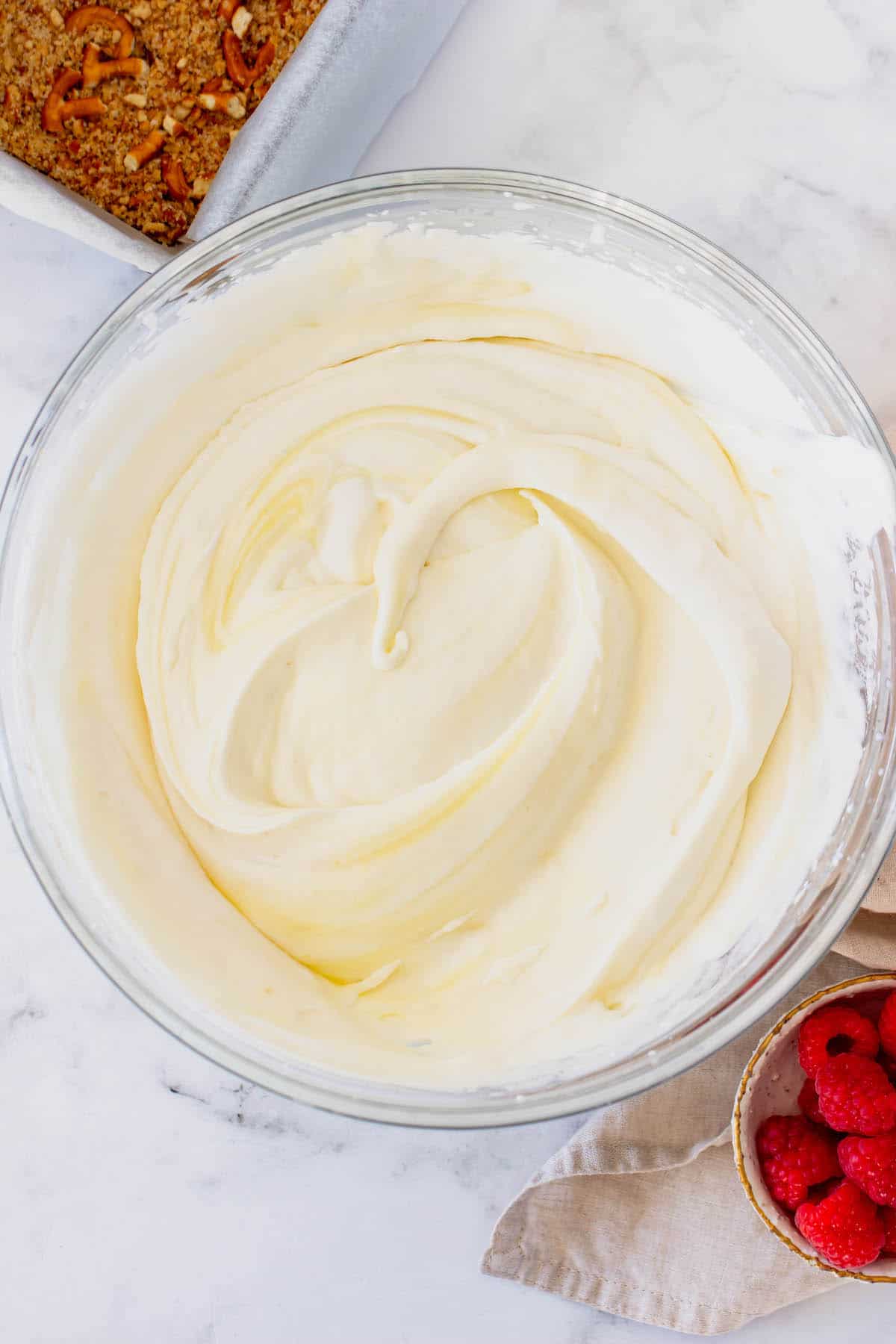 White chocolate filling in a mixing bowl
