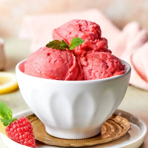 Bowl of raspberry sorbet with sprig of mint.