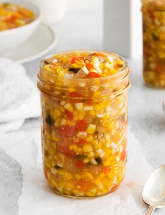 A jar of sweet corn relish
