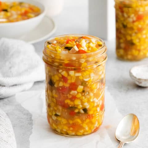 A jar of sweet corn relish