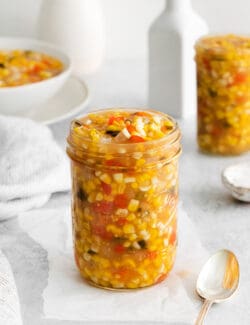 A jar of sweet corn relish