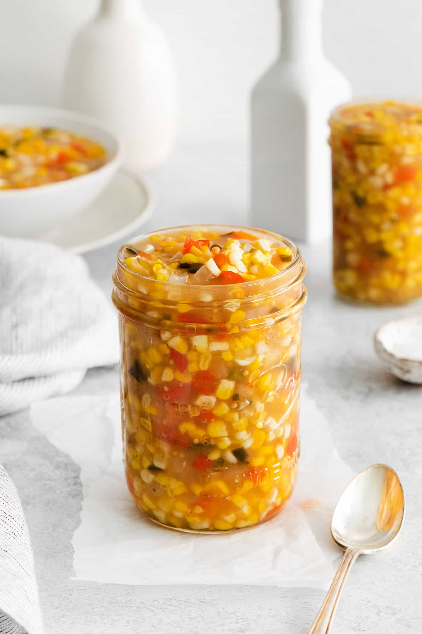 A jar of sweet corn relish