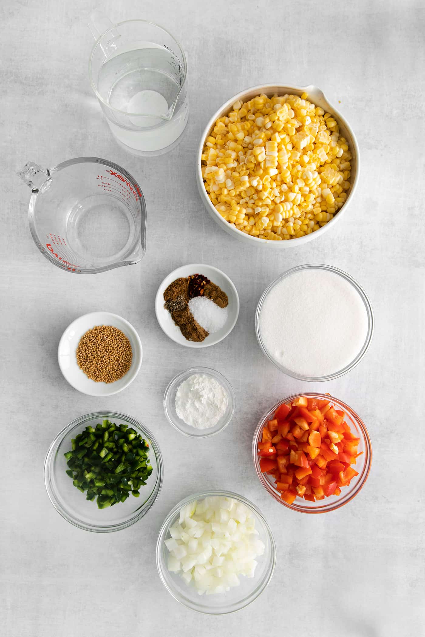 Overhead view of corn relish ingredients