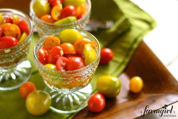 individual glass dishes of tomato salad