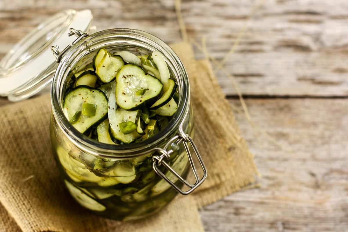 Refrigerator Sweet Pickles on a wood table