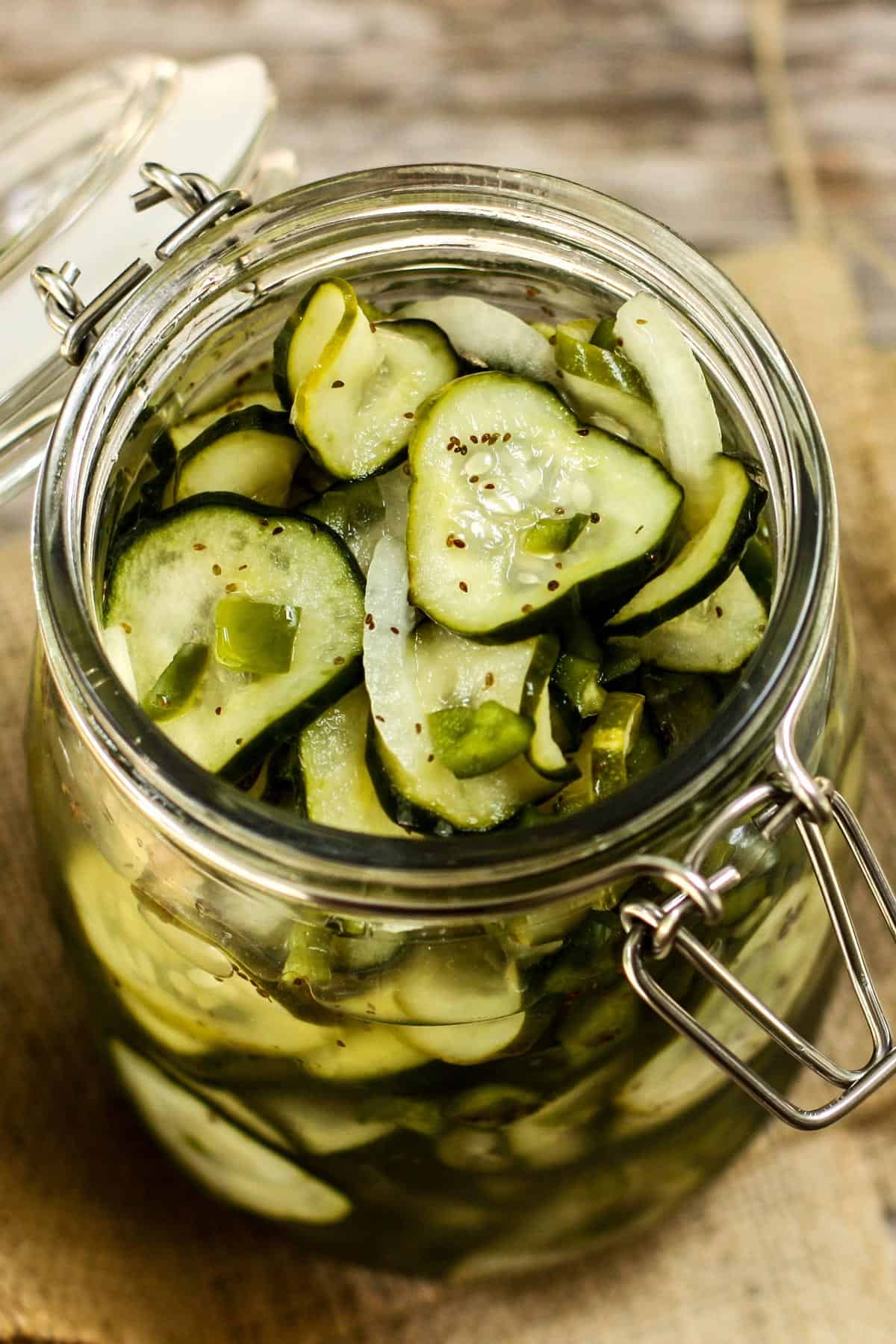 Refrigerator Sweet Pickles in a mason jar