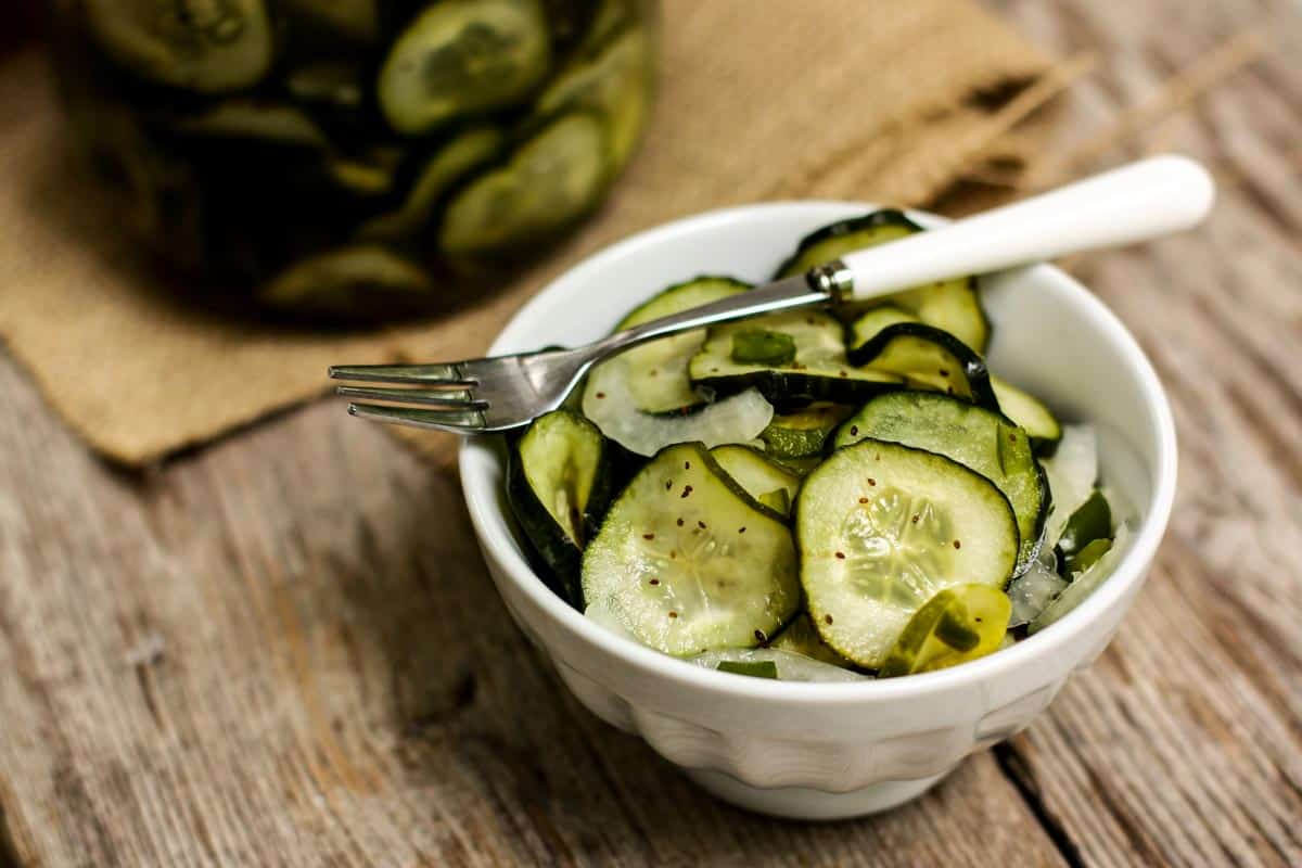 a side dish of Refrigerator Sweet Pickles