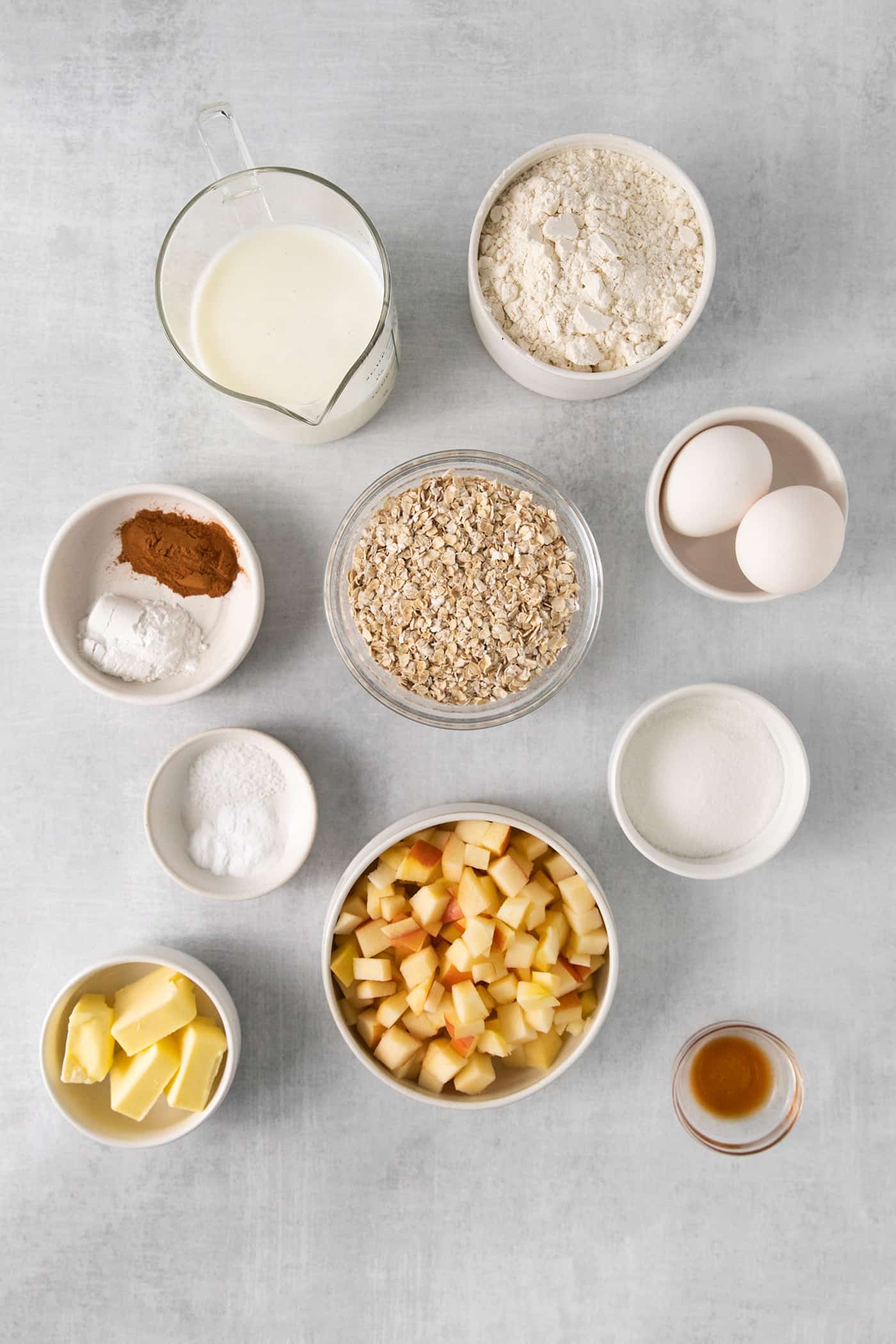 Overhead view of apple oatmeal pancake ingredients