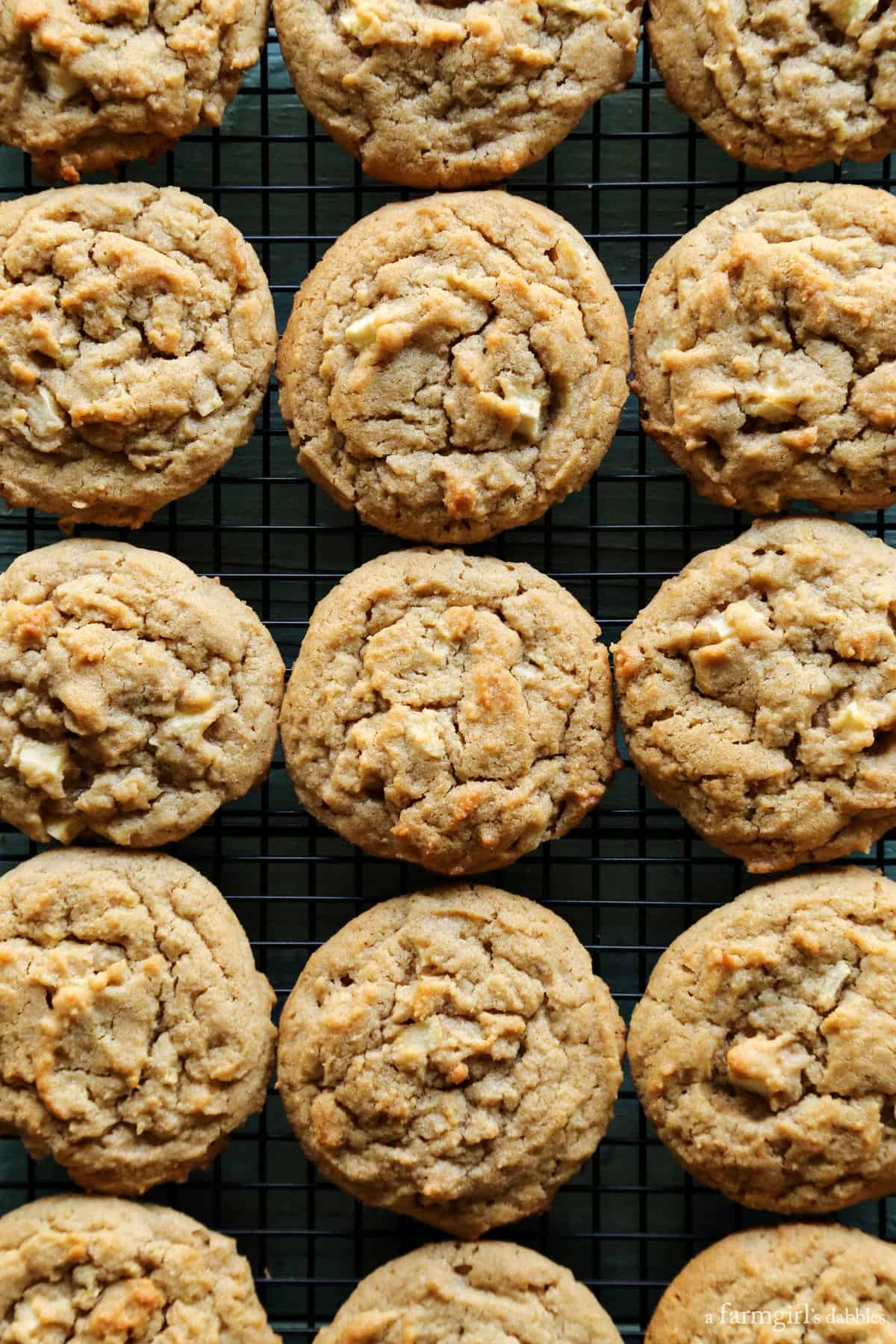 Apple Peanut Butter Cookies lined up on a cooling rack