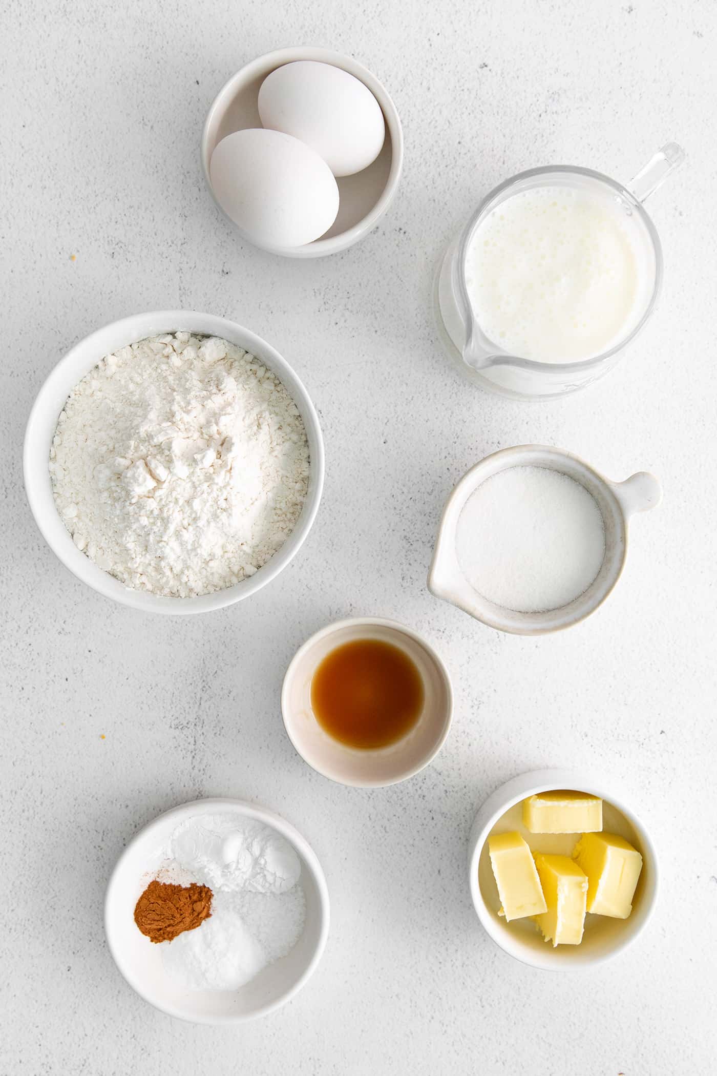 Overhead view of buttermilk pancake ingredients