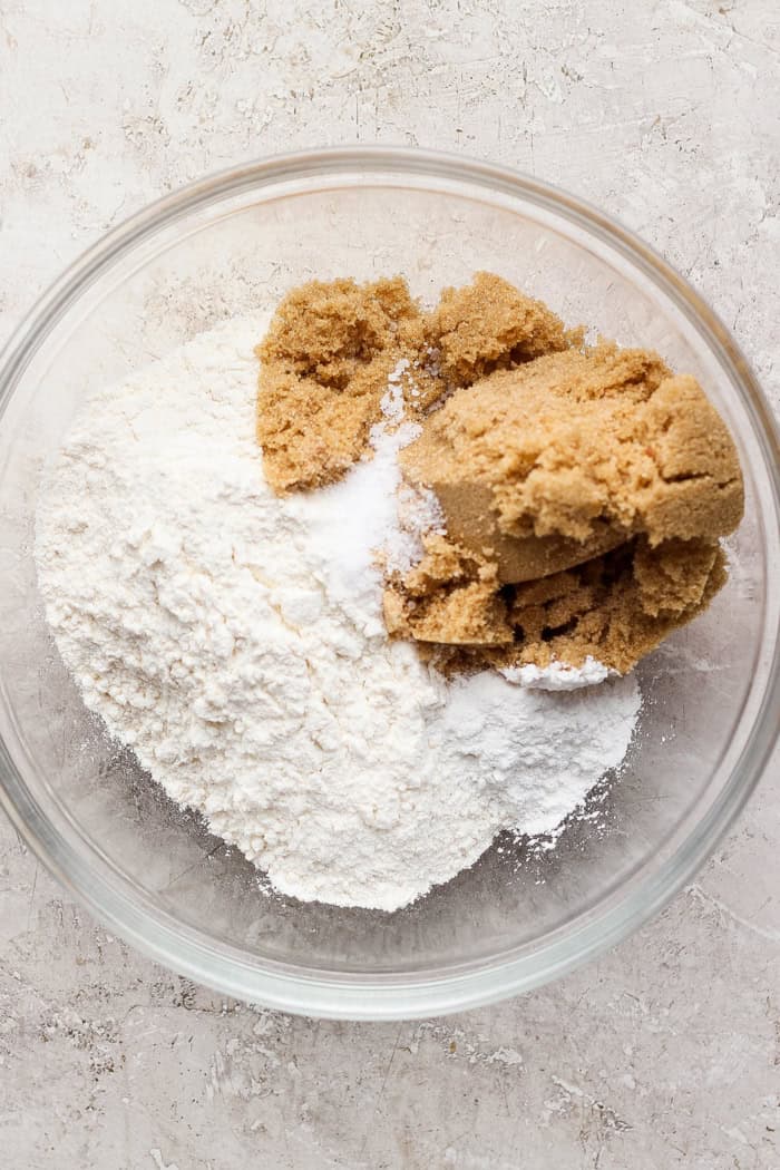 Overhead view of dry ingredients for butterscotch bars