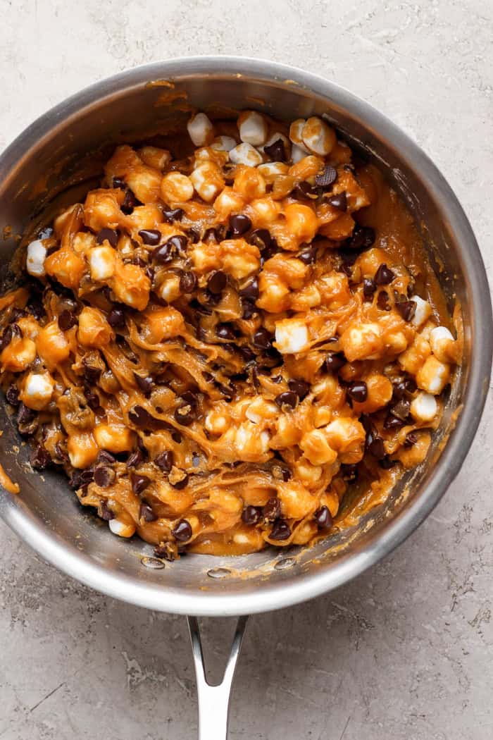 Overhead view of batter for disappearing marshmallow brownies