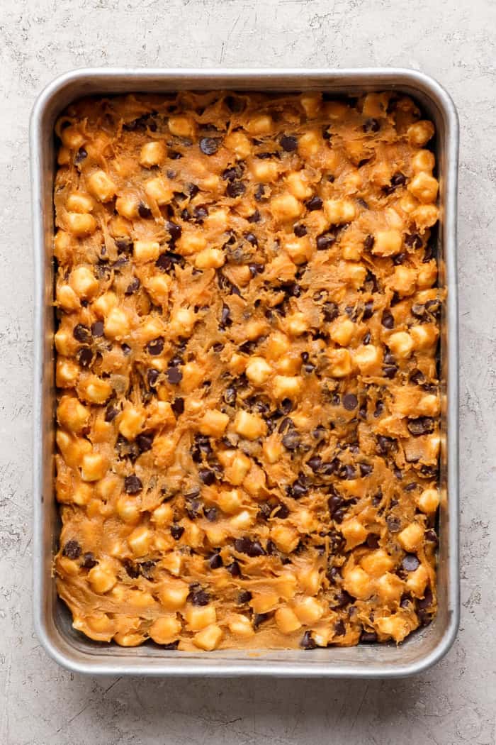 Overhead view of batter for disappearing marshmallow brownies in baking pan