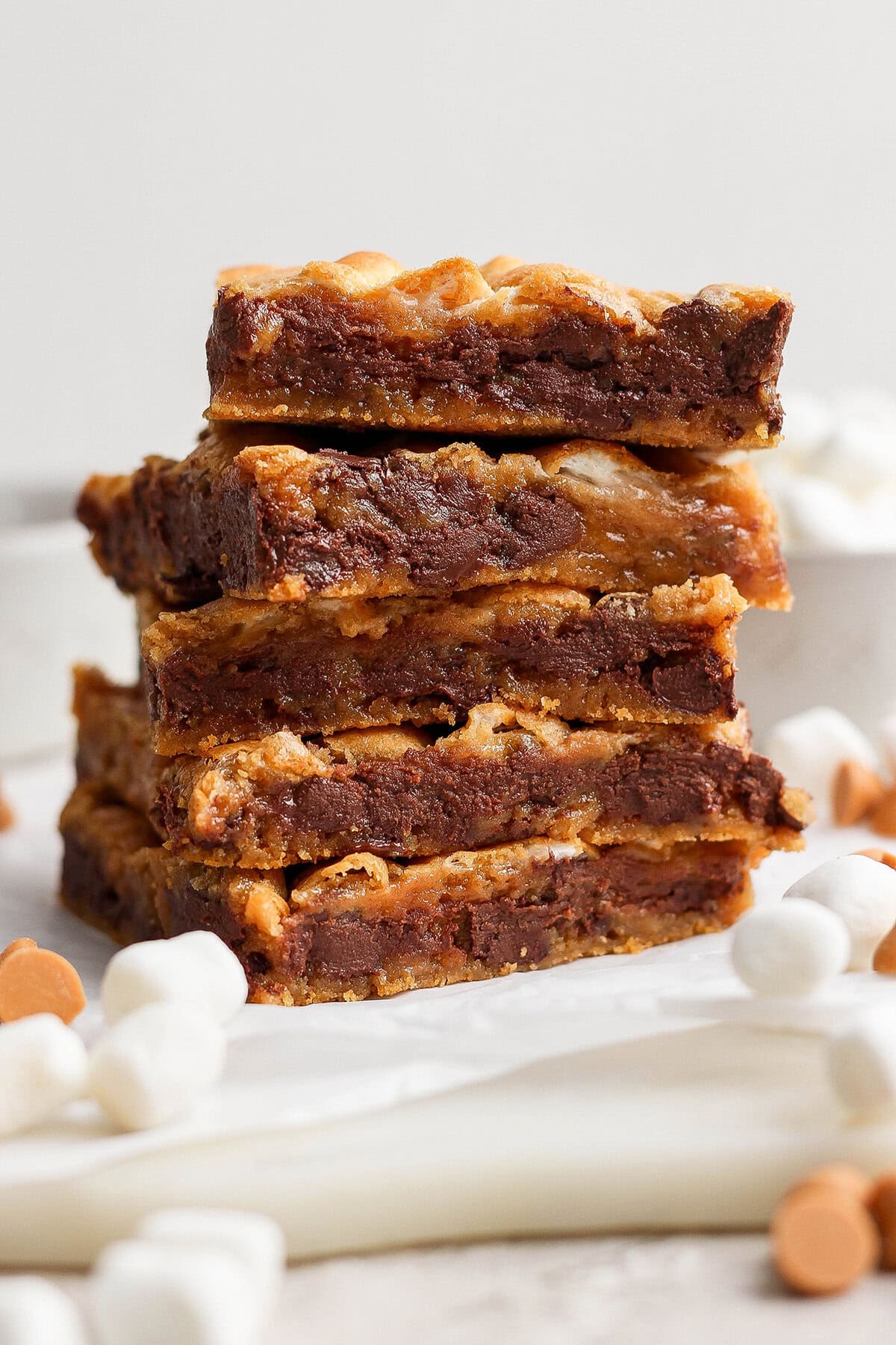 Stack of 5 gooey disappearing marshmallow brownies