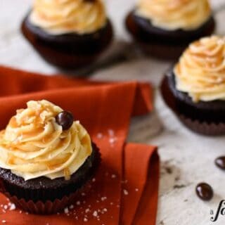 chocolate cupcakes with salted caramel buttercream and chocolate covered coffee beans