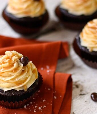 chocolate cupcakes with salted caramel buttercream and chocolate covered coffee beans