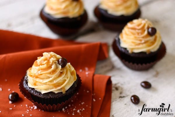 chocolate cupcakes with salted caramel buttercream and chocolate covered coffee beans