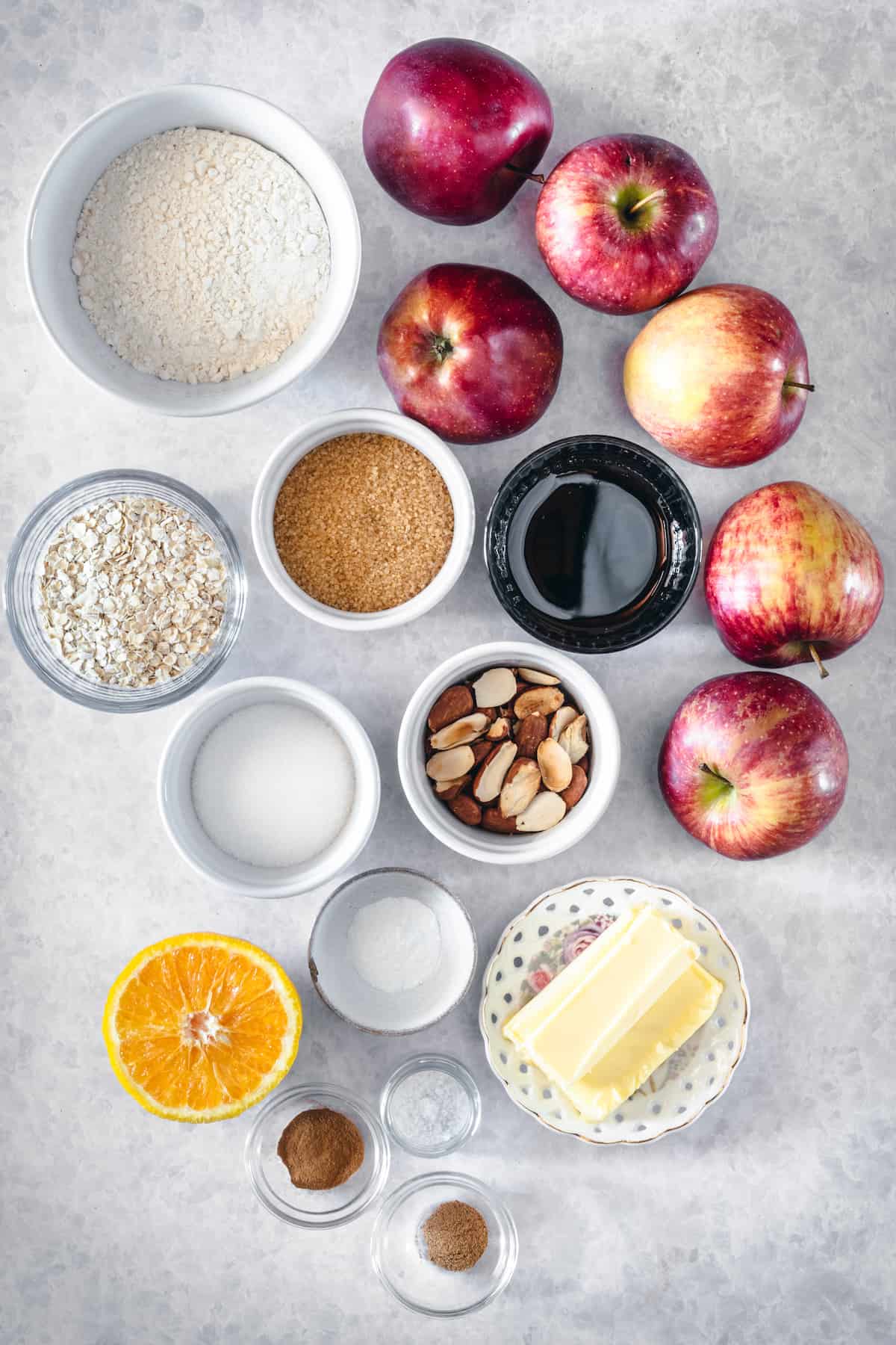 Overhead view of the ingredients in caramel apple almond crisp