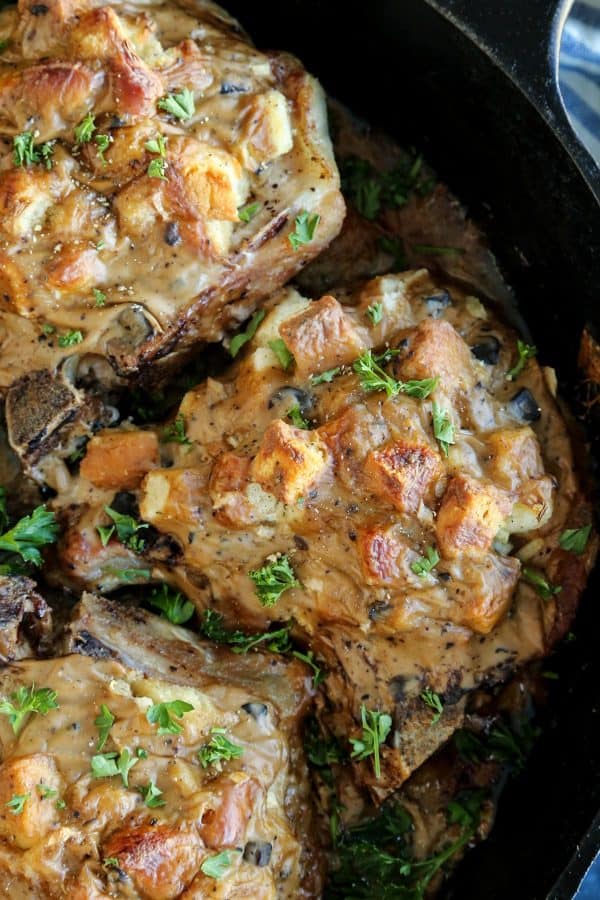 Stuffed pork chops in a pan