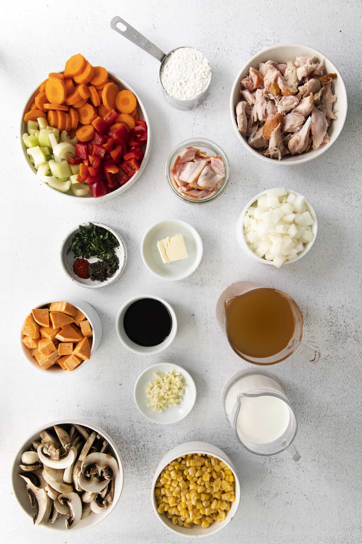 OVerhead view of smoked turkey chowder ingredients