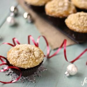 an eggnog muffin with christmas ornaments