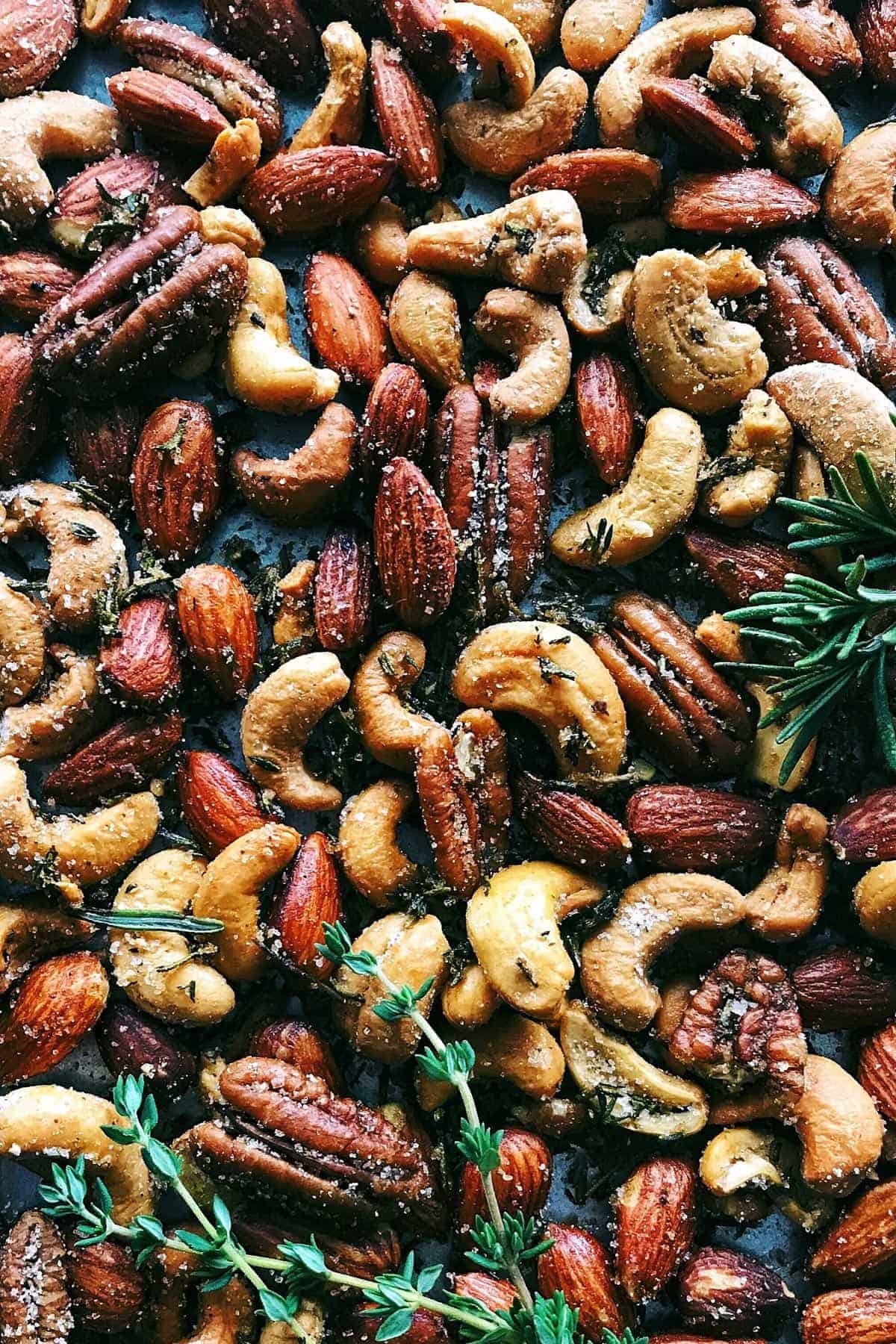 a pan of Rosemary Thyme Spiced Nuts