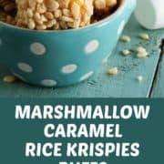 pinterest image of marshmallow caramel rice krispies puffs in an aqua polka dot bowl