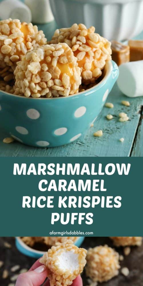 pinterest image of marshmallow caramel rice krispies puffs in an aqua polka dot bowl