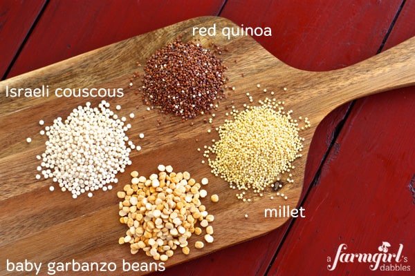 red quinoa,  millet, baby garbanzo beans, and israeli couscous