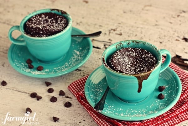 gooey chocolate cake cups in aqua cups