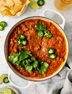 Cheesy ground beef taco dip in a skillet