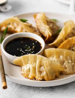 A plate of pork dumplings with dipping sauce