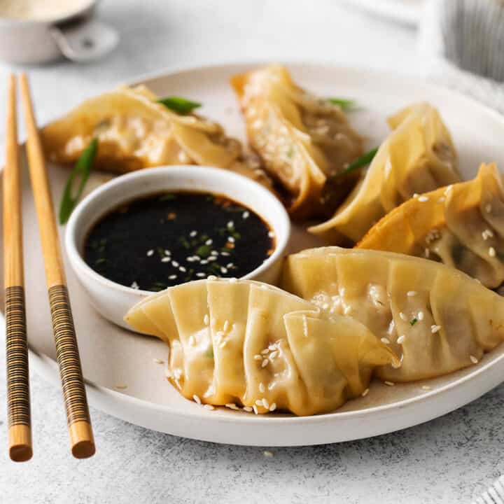 A plate of pork dumplings with dipping sauce