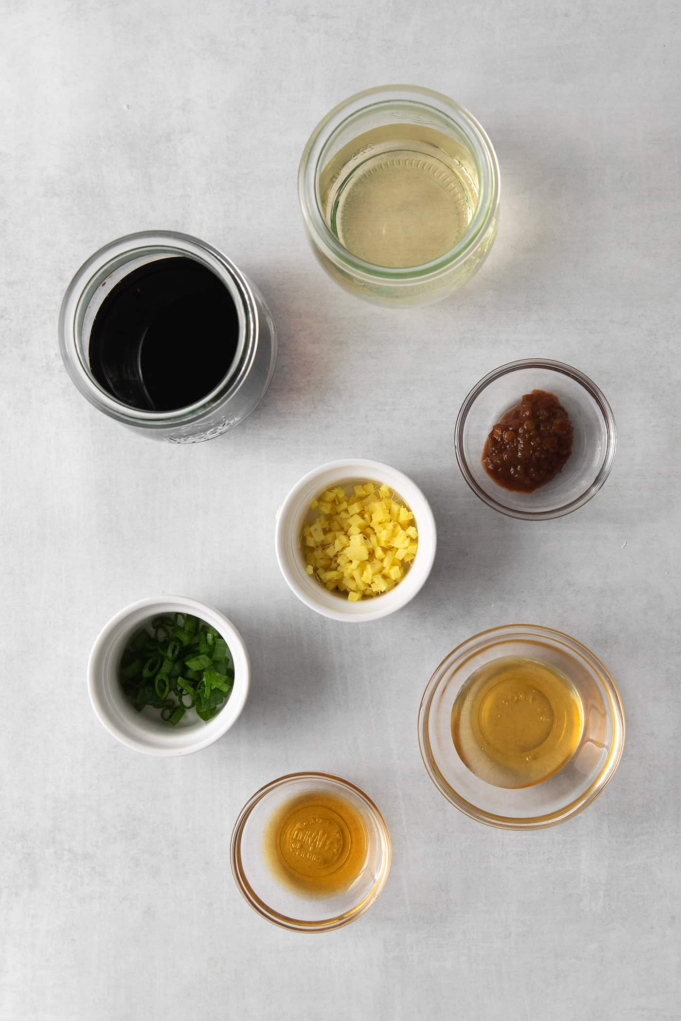 Overhead view of potsticker dipping sauce ingredients