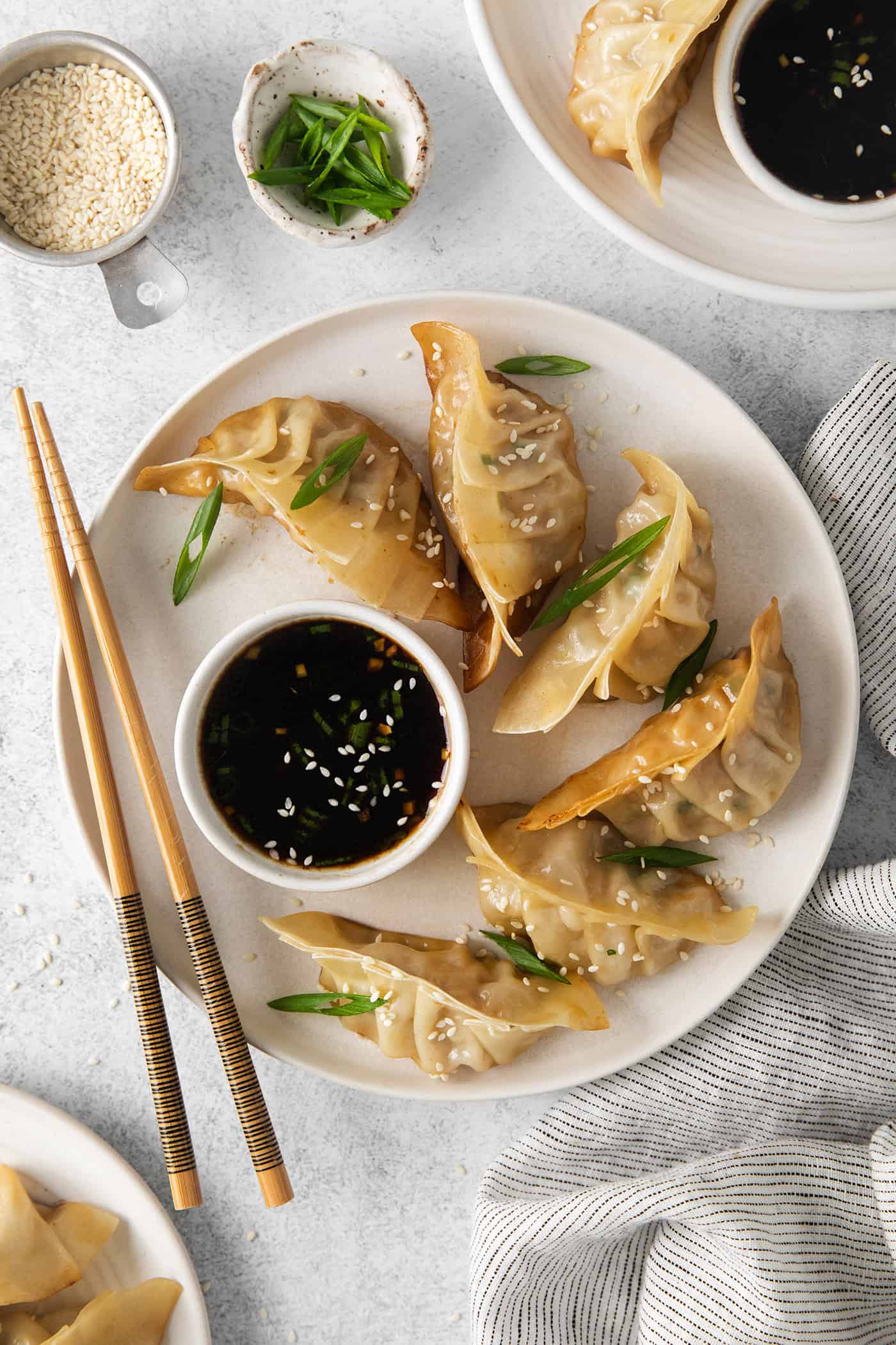 Overhead view of a plate of pork potstickers and dipping sauce