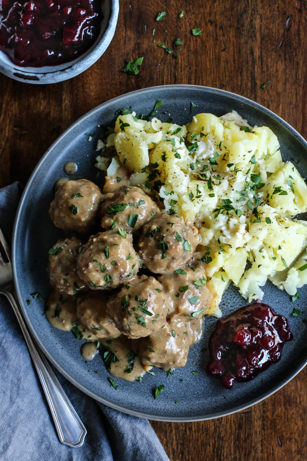 Swedish meatballs with potatoes and lingonberry jam