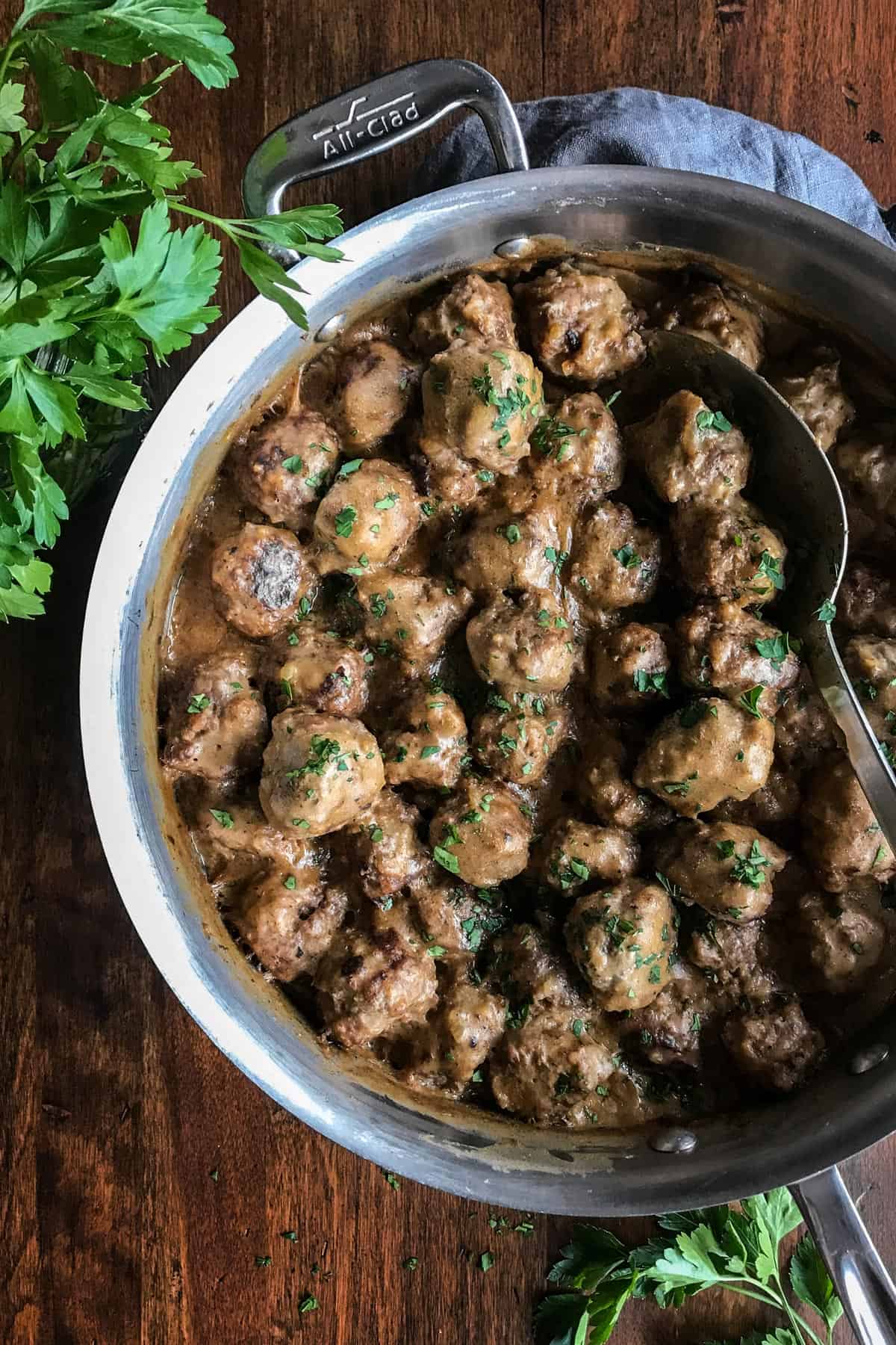 Swedish meatballs with gravy in skillet