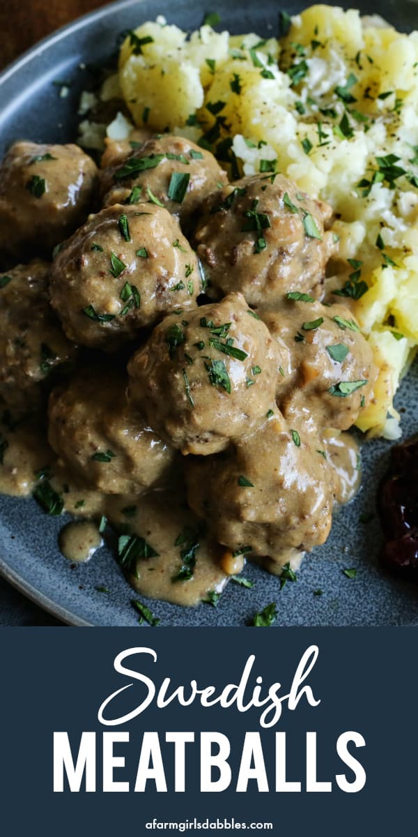 pinterest image of meatballs and gravy on a plate with mashed potatoes
