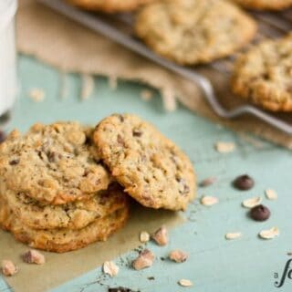 These chocolate chip oatmeal cookies are filled with toffee bits and pecans.