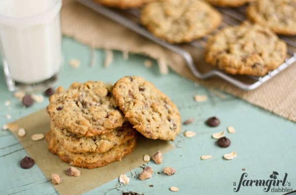 These chocolate chip oatmeal cookies are filled with toffee bits and pecans.