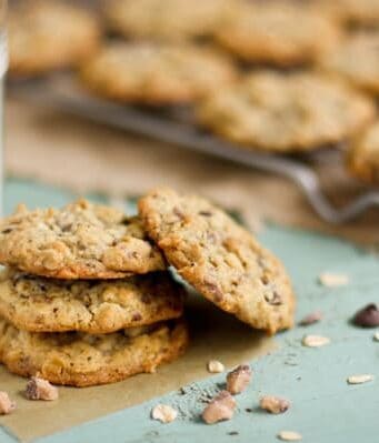 a stack of chocolate chip oatmeal cookies