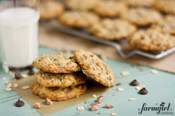 a stack of chocolate chip oatmeal cookies