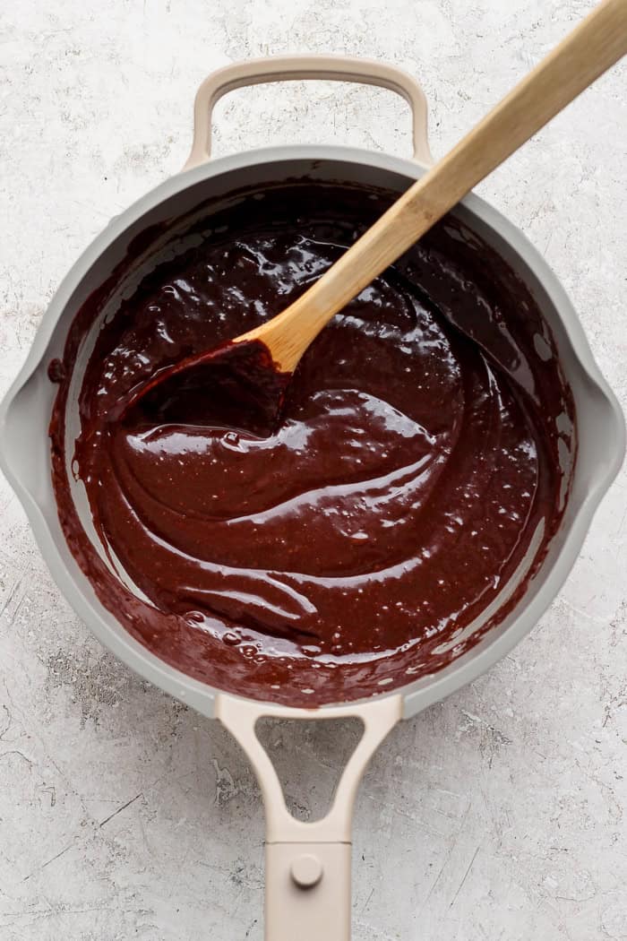 Overhead view of chocolate fondue in saucepan