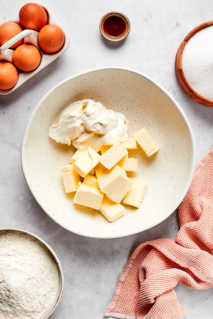 Butter and cream cheese in bowl.