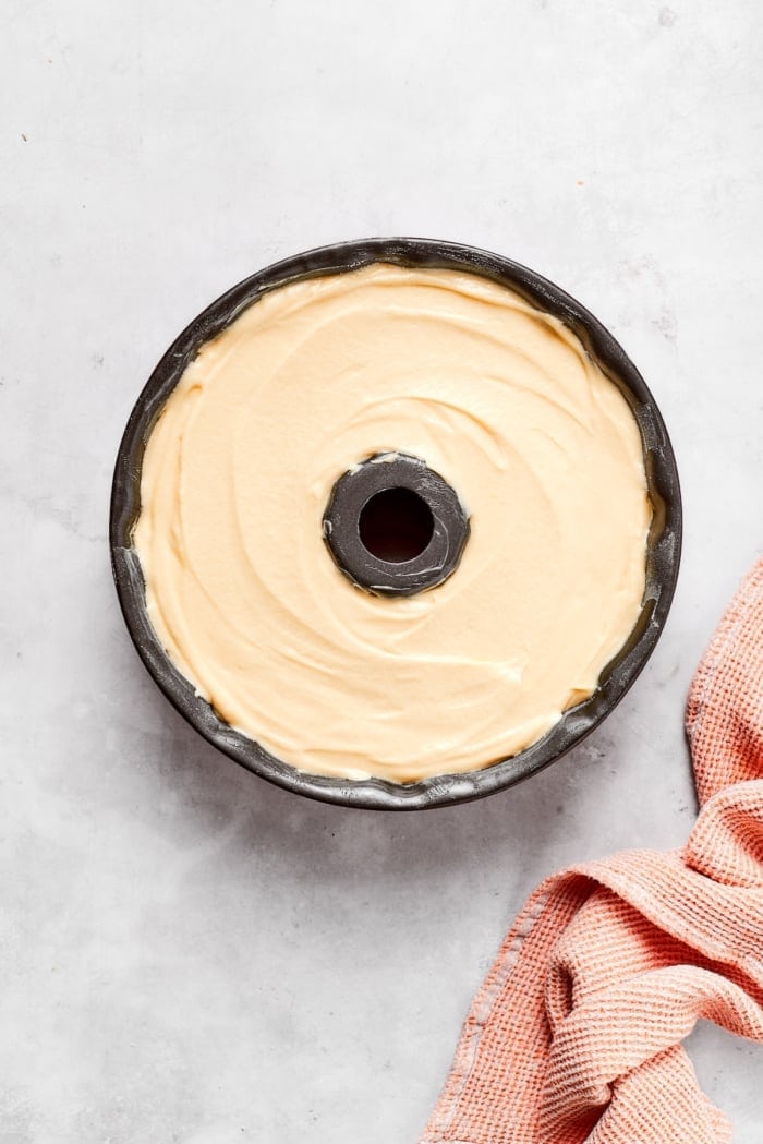 Batter for cream cheese pound cake in Bundt pan.
