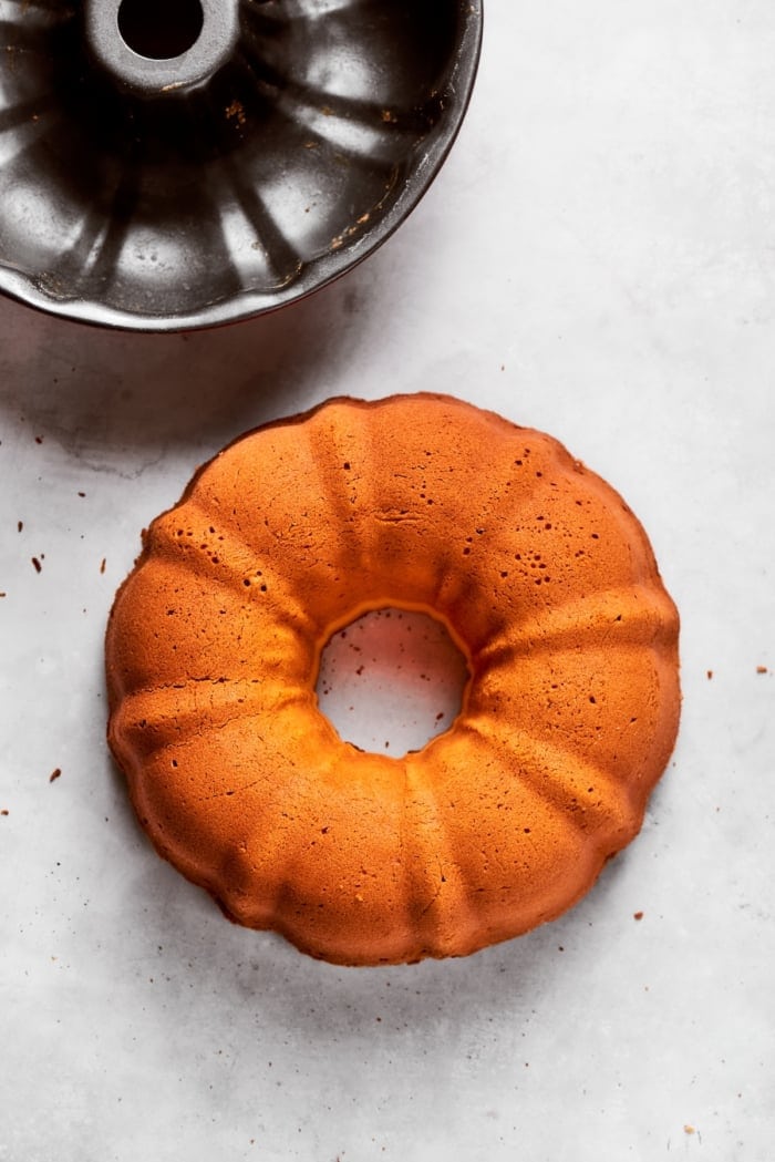 Cream cheese pound cake removed from pan.