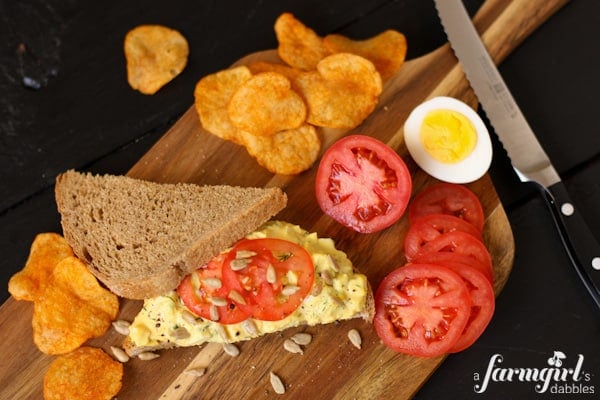 barbecue potato chips with an egg salad sandwich