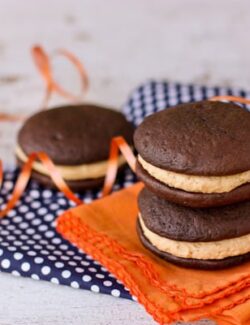 three whoopie pies with peanut butter marshmallow filling