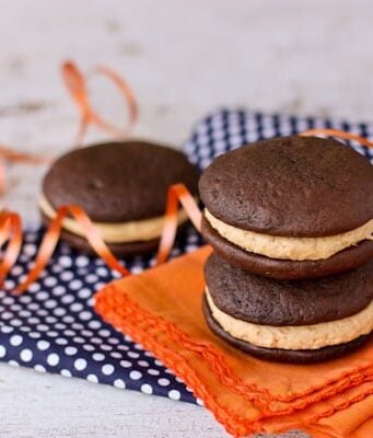 three whoopie pies with peanut butter marshmallow filling