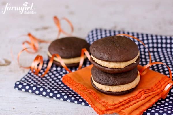 Three whoopie pies with peanut butter marshmallow filling.